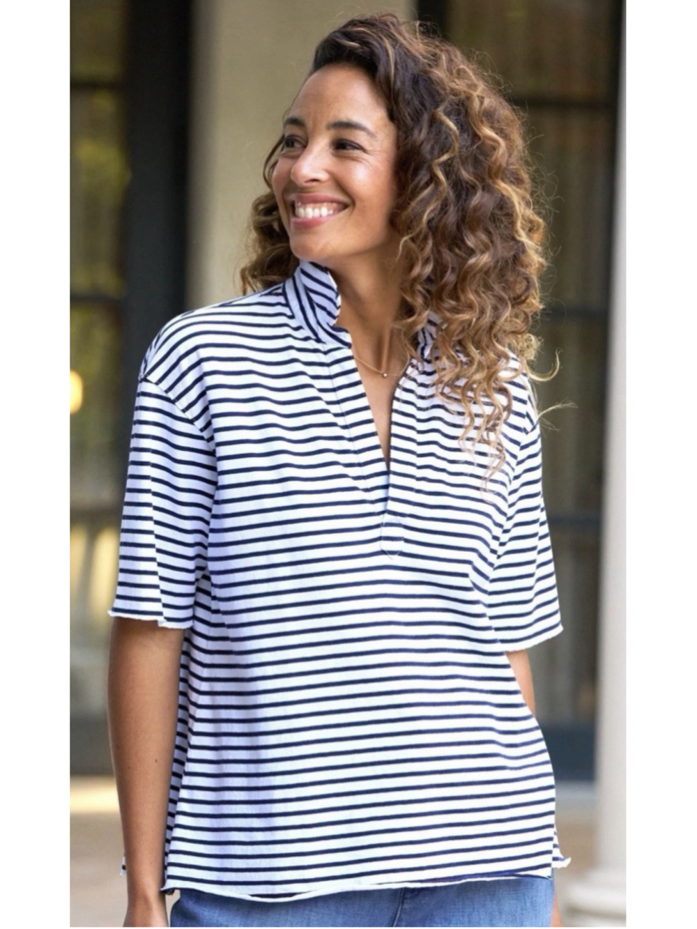 Frank & Eileen Patty Short-Sleeve Popover Henley white And Navy Stripe Medium